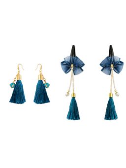 Ribbon Candy - Festive Navy Blue Beaded Tassle Earrings & Matching Tic Tacs with Bows (Set Of 3)