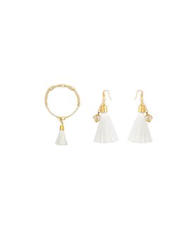 Ribbon Candy - Festive White Beaded Tassle Earrings & Matching Bracelet (Set Of 2)