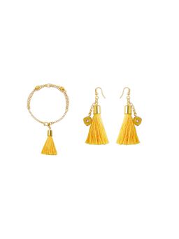 Ribbon Candy - Festive Yellow Beaded Tassle Earrings & Matching Bracelet (Set Of 2)