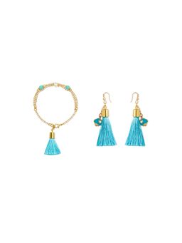 Ribbon Candy - Festive Light Blue Beaded Tassle Earrings & Matching Bracelet (Set Of 2)