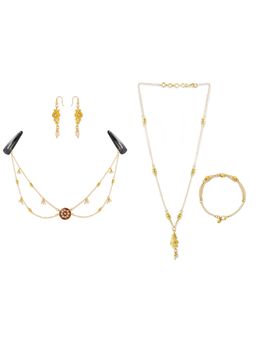 Ribbon Candy - Festive Golden Gold-Plated Beaded Earrings, Necklace, Bracelet & Head-Chain (Set Of 4)