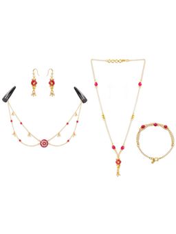 Ribbon Candy - Festive Pink Gold-Plated Beaded Earrings, Necklace, Bracelet & Head-Chain (Set Of 4)