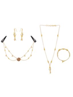 Ribbon Candy - Festive White Gold-Plated Beaded Earrings, Necklace, Bracelet & Head-Chain (Set Of 4)