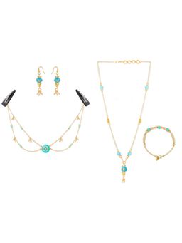 Ribbon Candy - Festive Sea-Green Beaded Earrings, Necklace, Bracelet & Head-Chain (Set Of 4)