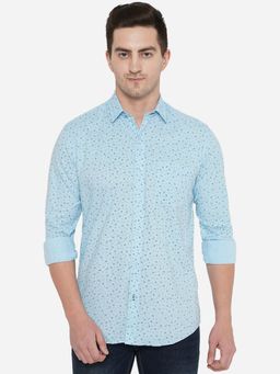 Greenfibre - Men Light Blue Cotton Smart Fit Printed Casual Shirt