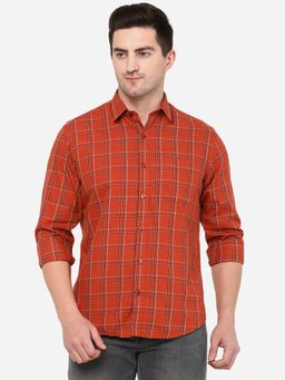 Greenfibre - Men Brunt Orange Cotton Smart Fit Checked Casual Shirt