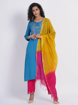 Suti - Women Rayon Embroidery Work Kurta and Pant with Dupatta Blue (Set of 3)