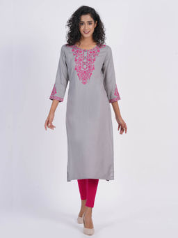 Suti - Women Rayon Chikan Kari Embroidery Work Long Straight Kurta Grey