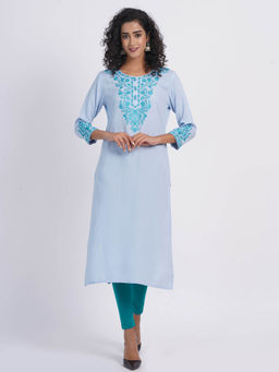 Suti - Women Rayon Chikan Kari Embroidery Work Long Straight Kurta Blue