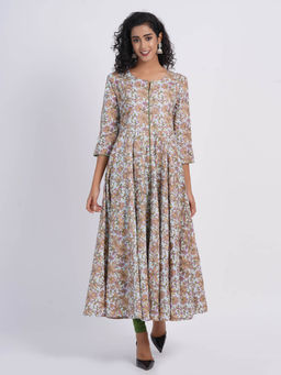 Suti - Women Mul Cotton Printed Flared Kalidar Long Dress Blue