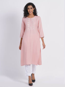 Suti - Women Rayon Embroidery Work Long Kurta Embellished with Sequence Work Pink