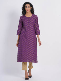 Suti - Women Rayon Gold Print Straight Kurta