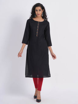 Suti - Women Rayon Work Wear Straight Kurta with Placket Details Black