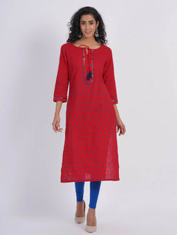 Suti - Women Cotton Slub Printed Mirror Embroidery Straight Kurta Red