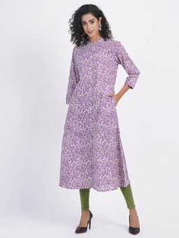 Suti - Women Mul Cotton Printed A-Line Kurta Embellished with Button Details Purple
