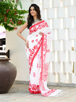 Beatitude - White Cotton Hand painted Saree with Unstitched Blouse