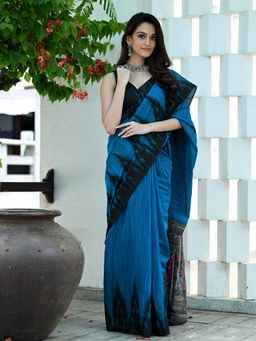 Beatitude - Blue Handloom Ikat Cotton Saree with Unstitched Blouse