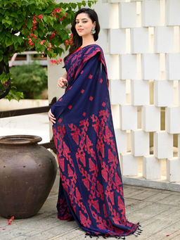 Beatitude - Navy Blue Traditional Handloom Pure Cotton Jamdani Saree with Unstitched Blouse