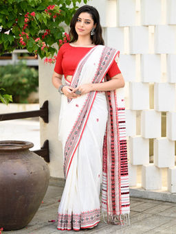 Beatitude - White Traditional Handloom Cotton Tangail Saree with Unstitched Blouse