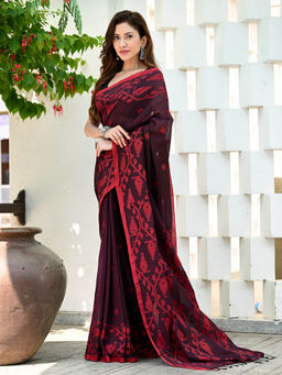 Beatitude - Maroon Handloom Cotton Jamdani saree with Unstitched Blouse