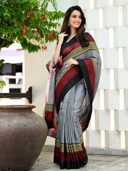Beatitude - Grey Handloom Cotton Saree with Unstitched Blouse