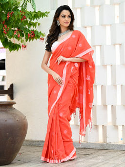Beatitude - Orange Handloom Cotton Jamdani Saree with Unstitched Blouse
