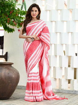 Beatitude - White Traditional Handloom Cotton Tangail Saree with Unstitched Blouse