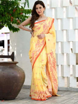 Beatitude - Yellow Handloom Cotton Jamdani saree with Unstitched Blouse