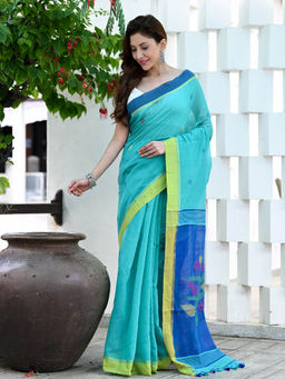 Beatitude - Blue Handloom Cotton Silk Saree with Unstitched Blouse
