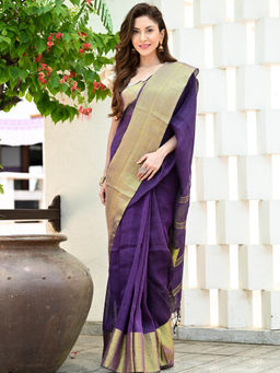 Beatitude - Purple Handloom Linen Saree with Unstitched Blouse