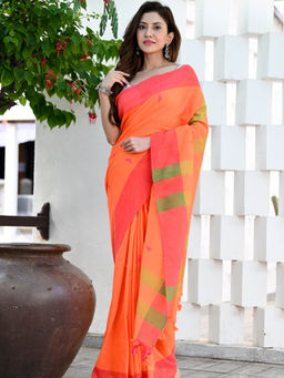 Beatitude - Orange Handloom Cotton Saree with Unstitched Blouse