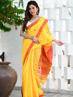 Beatitude - Yellow Handloom Cotton Silk Saree with Unstitched Blouse