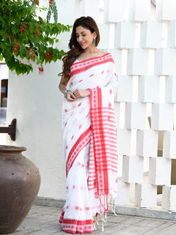 Beatitude - White Handloom Cotton Tangail Saree with Unstitched Blouse