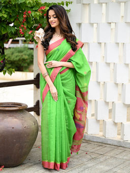 Beatitude - Green Traditional Handloom Cotton Silk Saree with Unstitched Blouse