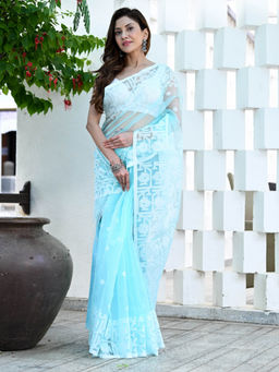 Beatitude - Blue Resham Silk Muslin Handloom Jamdani saree with Unstitched Blouse