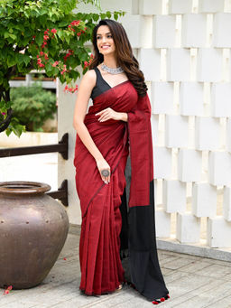 Beatitude - Red Handloom Saree with Unstitched Blouse