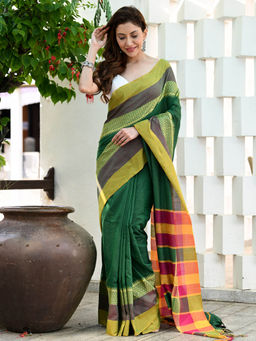 Beatitude - Green Handloom Cotton Silk Saree with Unstitched Blouse