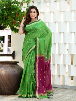 Beatitude - Green Handloom Cotton Silk Saree with Unstitched Blouse