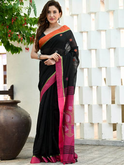 Beatitude - Black Handloom Cotton Slub Saree with Unstitched Blouse