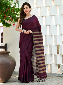 Beatitude - Wine Handloom Cotton Silk Saree with Unstitched Blouse
