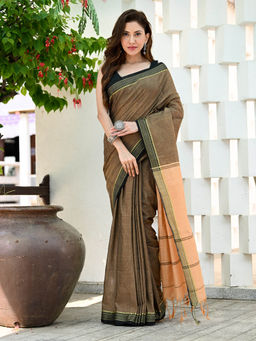 Beatitude - Brown Handloom Cotton Silk Saree with Unstitched Blouse