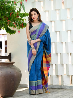 Beatitude - Blue Handloom Cotton Silk Saree with Unstitched Blouse