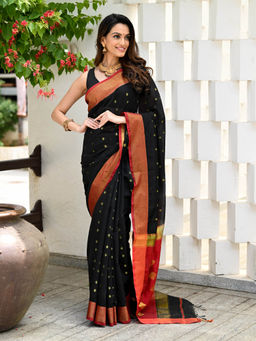 Beatitude - Black Handloom Cotton Silk Saree with Unstitched Blouse