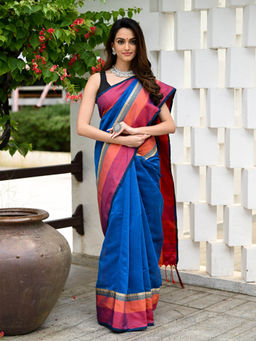 Beatitude - Blue Handloom Cotton Silk Saree with Unstitched Blouse