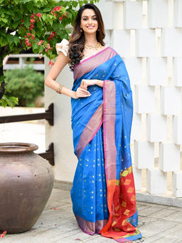 Beatitude - Blue Handloom Cotton Silk Saree with Unstitched Blouse
