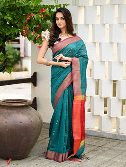 Beatitude - Teal Handloom Cotton Silk Saree with Unstitched Blouse