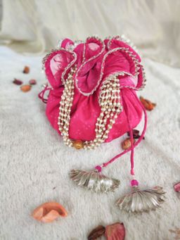 Label Kanupriya - Rani Bandhej Organza Round Potli Bag