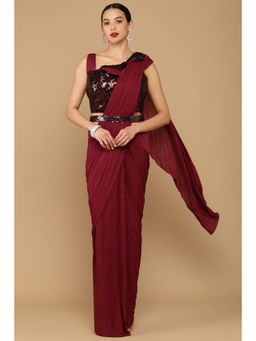 Soch - Women Maroon Solid Saree with Stitched Blouse