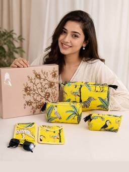 House of Gulab - Yellow Utility Pouches 3 Makeup Pouches, 1 Sunglass Pouch, 1 Sanitary Napkin Pouch