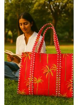 House of Gulab - Red Handblock Printed Quilted Tote Bag